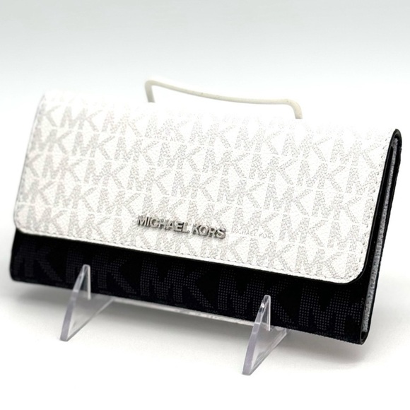 Michael Kors Jet Set Large Signature Logo TriFold Wallet Optic White Multi - Picture 1 of 10